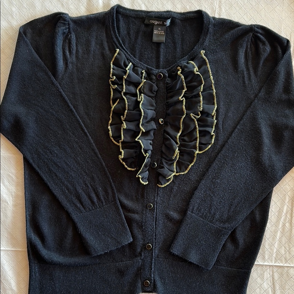 August Silk Black Ruffled Cardigan Sweater